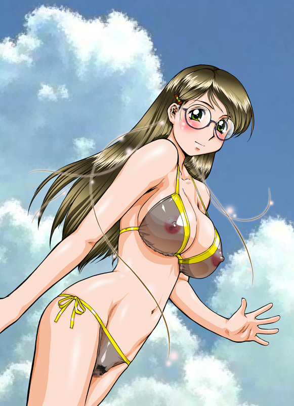 bikini blush breasts erect_nipples glasses green_eyes hair_ornament long_hair navel nude pubic_hair see-through see-through_bikini side-tie_bikini sky smile swimsuit tsurikichi_doumei umedama_nabu