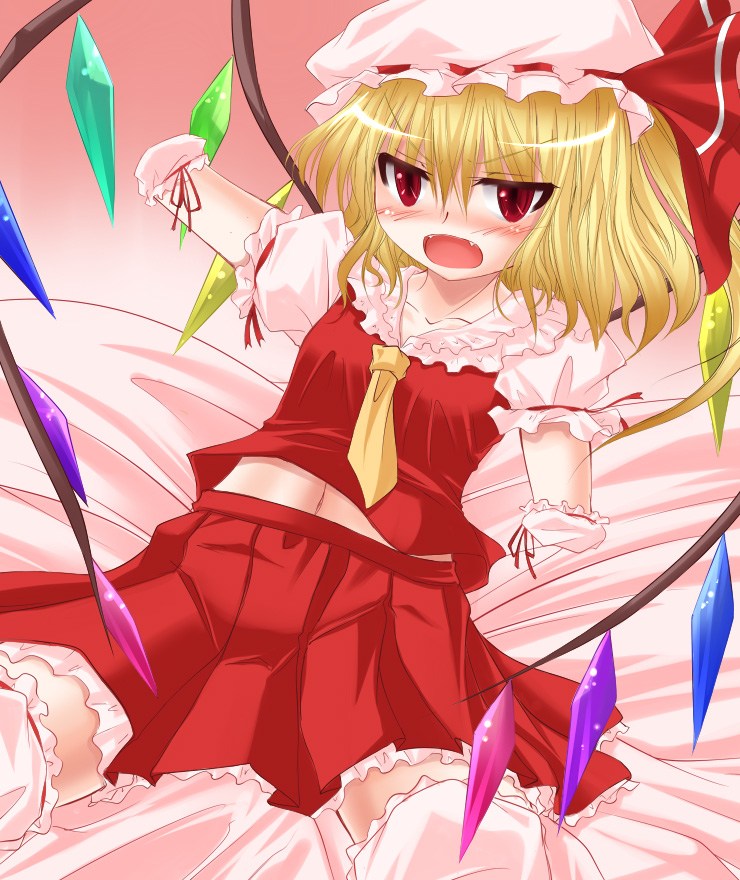 amputee angry blonde_hair blush fangs flandre_scarlet hat open_mouth pillow quadruple_amputee red_eyes shimo_(depthbomb) sitting skirt touhou wings