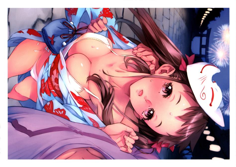 1boy1girl bra breasts brown_eyes brown_hair dendrobium female female_focus fireworks fox_mask japanese_text kitsune_mask large_breasts long_hair male mask night nishieda outside panties parted_lips white_bra white_panties