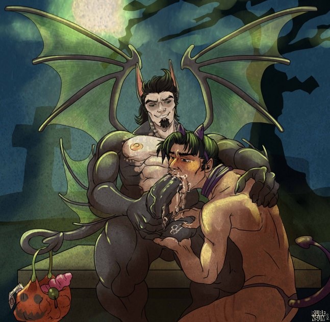 2boys anal_beads balls bara black_hair cemetery cock_hungry collar condom_packet_strip cum cum_dripping cum_in_mouth cum_inside demon demon_wings dildo erect_nipples erection facial_hair fellatio fondling_balls gay green_hair halloween holding_penis horned_headwear horns human humanoid_penis impossible_fit interspecies large_balls large_penis long_ears male male_only muscle muscles oral oral_sex penis pleasure_face pointed_ears rubensum sex_slave sex_toys stretched_mouth tails veiny_penis yaoi