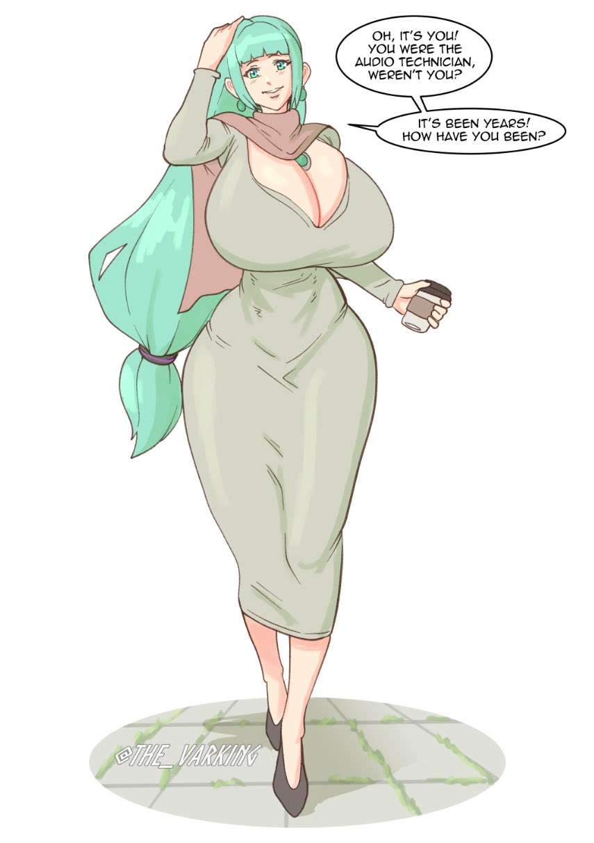 1girl, 1girls, aged up, alternate hairstyle, aqua hair, bangs, big breasts, breasts, breasts bigger than head, cleavage, coffee cup, cup, curvy, curvy female, disposable cup, dress, earrings, english text, female, full body, green eyes, green hair, hair accessory, hair between eyes, hatsune miku, hatsune milf-ku, holding, holding cup, huge breasts, jewelry, long hair, looking at viewer, low-tied long hair, mature female, milf, shoulder length hair, smile, solo, speech bubble, the varking, twintails, very long hair, vocaloid, voluptuous female, white background, wide hips