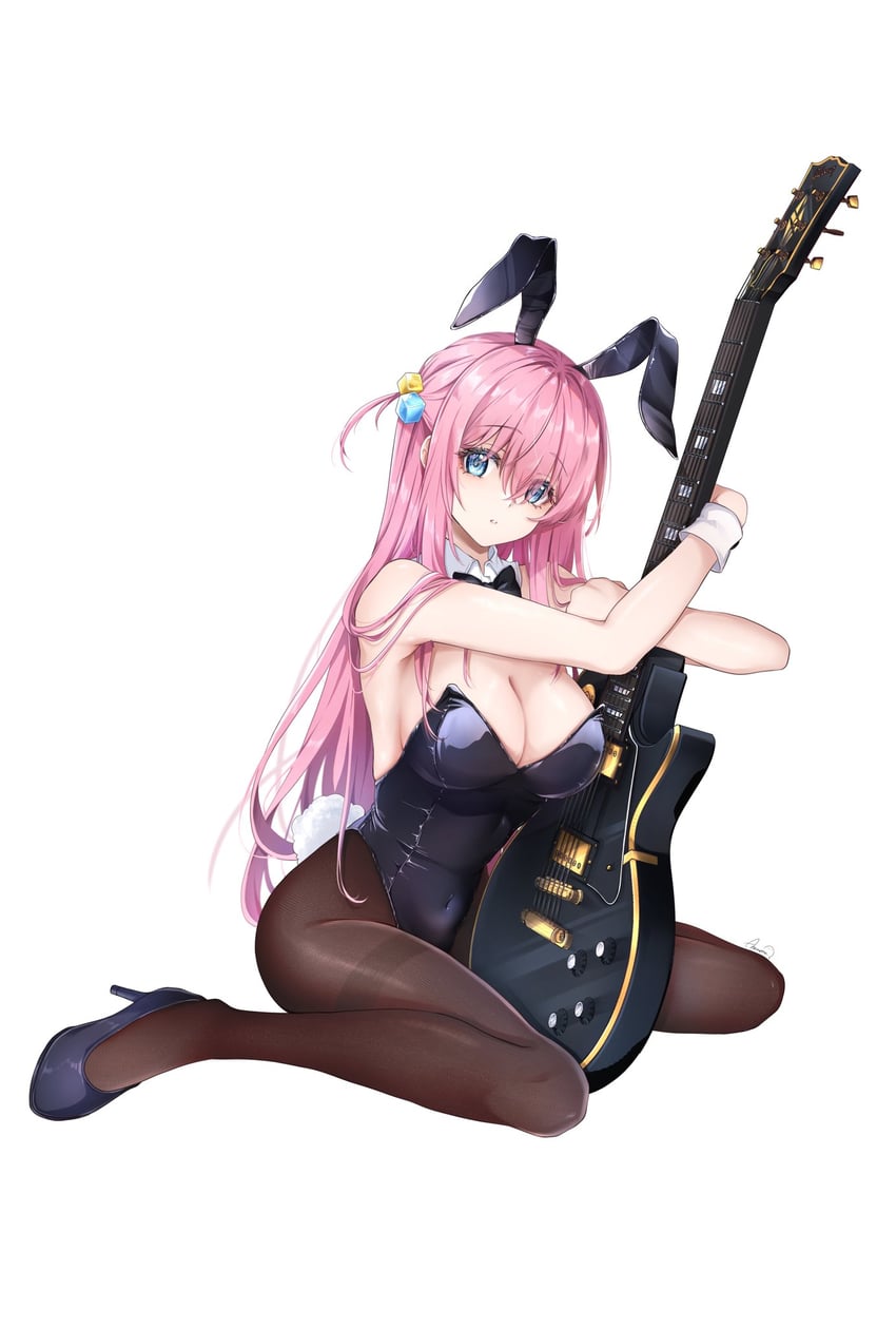 armpits ass_visible_through_thighs bare_arms bare_shoulders belly_button_visible_through_clothing big_breasts blue_eyes bocchi_the_rock! breasts bunny_ears cleavage electric_guitar gotou_hitori hair_ornament high_heels long_hair open_mouth pantyhose pink_hair ribbon shiny_skin sitting yoru0409