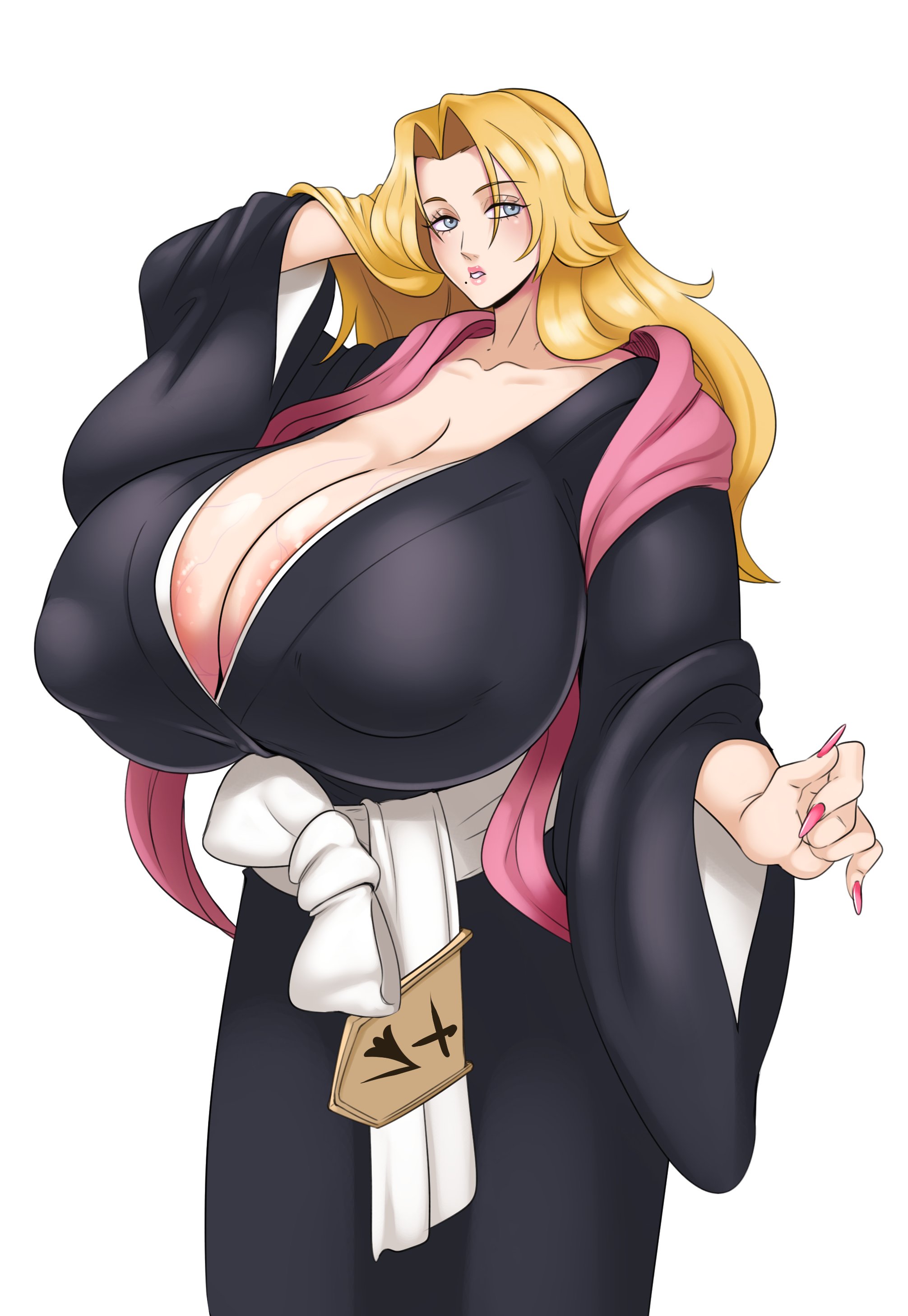 1girls, artist name, big breasts, bleach, blonde hair, blue eyes, breasts, breasts bigger than head, cleavage, female, female only, gigantic breasts, huge breasts, large breasts, long hair, matsumoto rangiku, pierrot (company), pink nails, shinigami uniform, shueisha, sunnysundown, tv tokyo, twitter link