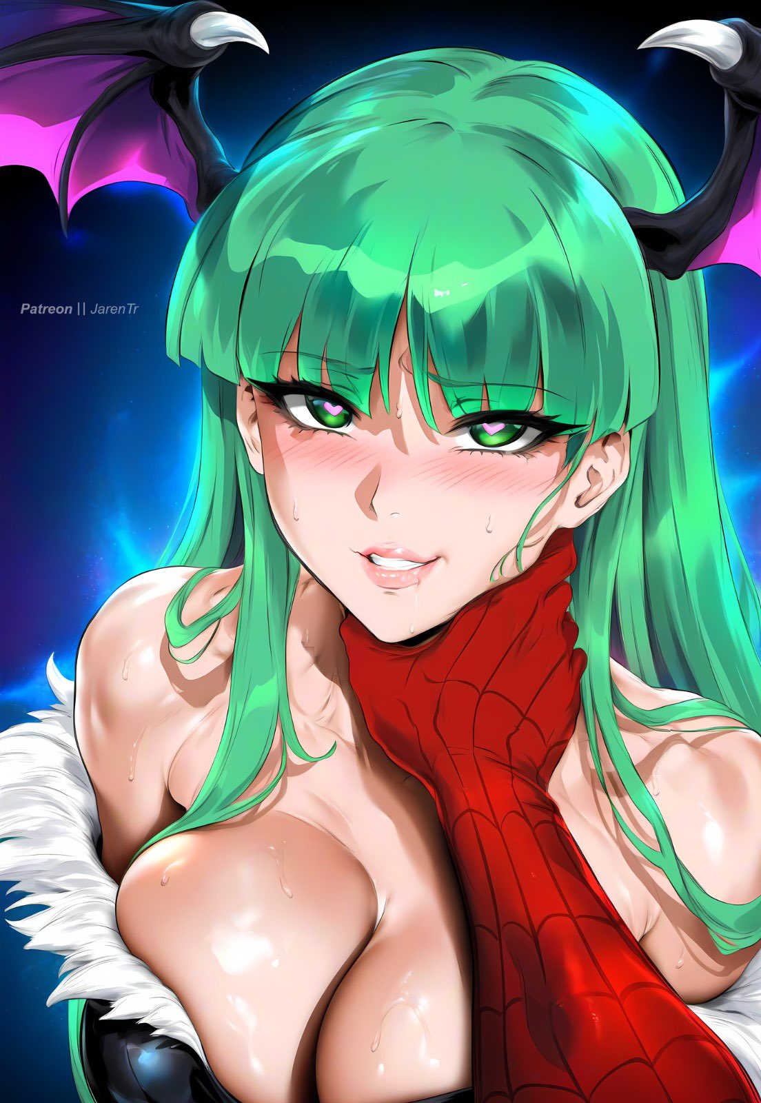 1boy 1girls ai_generated big_breasts breasts capcom choking cleavage crossover darkstalkers eastern_and_western_character female green_eyes green_hair head_wings heart heart-shaped_pupils huge_breasts jarentr large_breasts long_hair looking_at_viewer looking_pleasured male marvel marvel_comics marvel_vs._capcom morrigan_aensland neck_grab patreon_username pov smile spider-man spider-man_(series) strangling succubus throat_grab