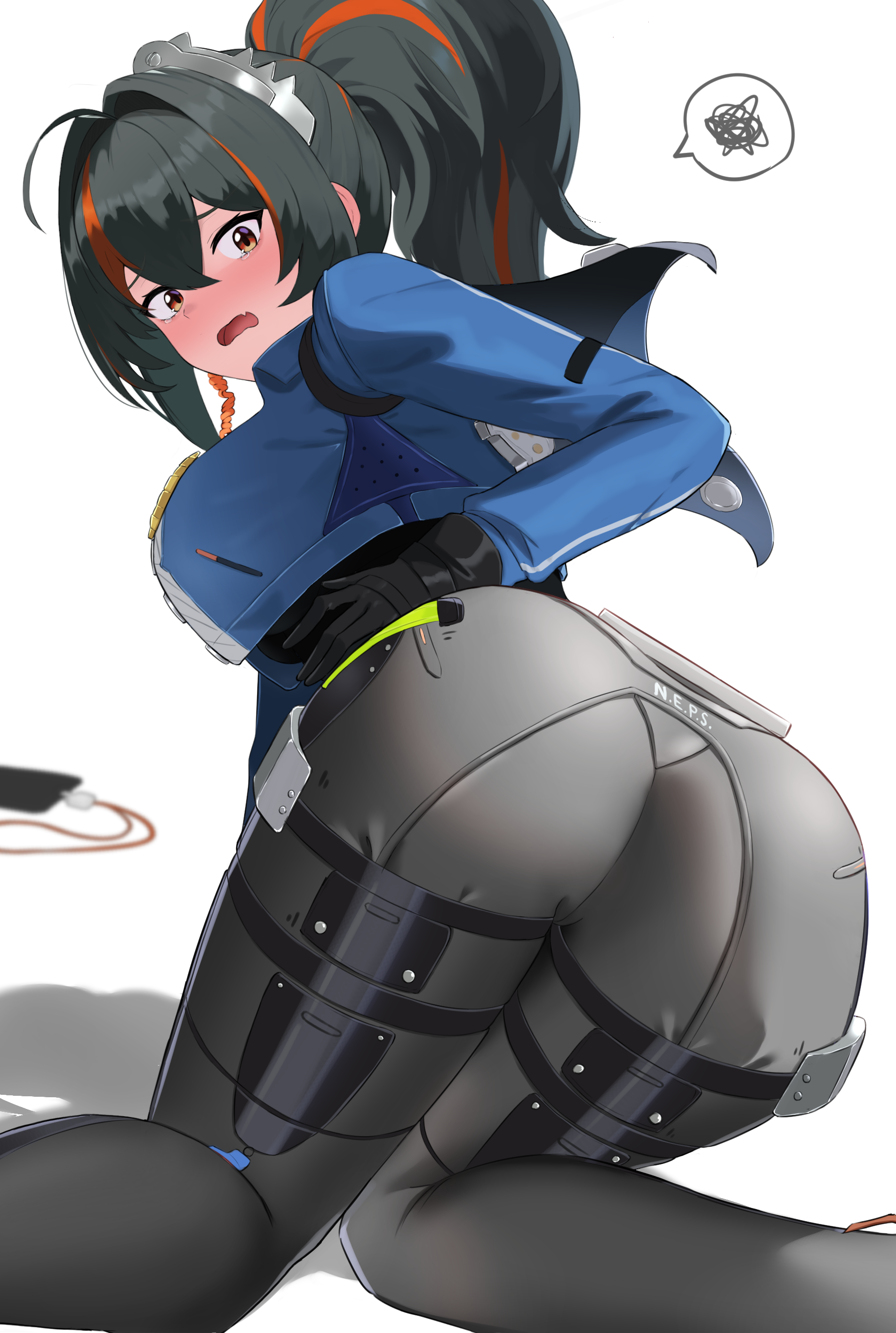 1dnima, 1girls, ass, big ass, blush, breasts, bubble ass, bubble butt, clothing, fat ass, female, female only, huge ass, large ass, looking at viewer, looking back, name tag, png, police, police uniform, policewoman, solo, thick ass, thick thighs, wide hips, zenless zone zero, zhu yuan