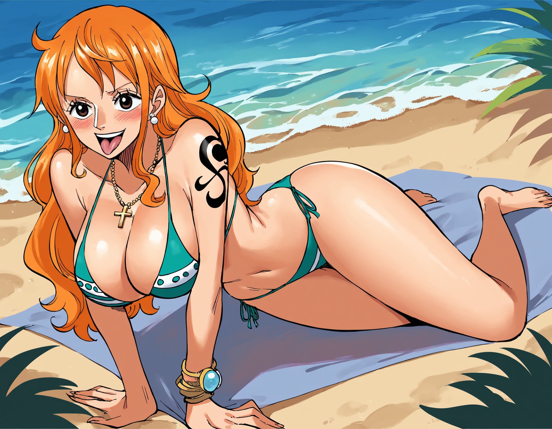 1girls, ai generated, arm tattoo, artist request, beach, bikini, black tattoo, cross necklace, female, female only, nami (one piece), one piece, orange hair, orange-haired female, post-timeskip, randomran, solo, solo female, solo focus, tattoo