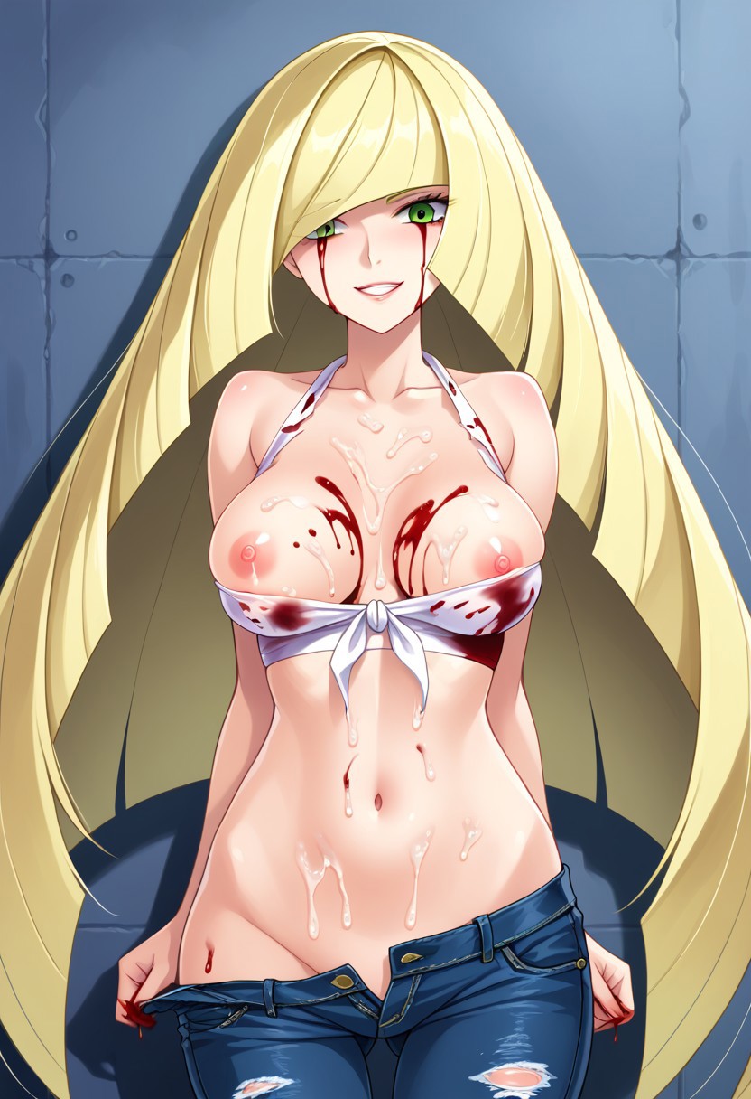 ai_generated blonde_hair blood blood_on_clothing blood_on_face civitai cum cum_on_body cum_on_breasts damaged_clothes green_eyes jeans long_hair lusamine_(pokemon) nipple_slip nipples pokemon ripped_clothing ripped_clothing tank_top tanktop white_tank_top