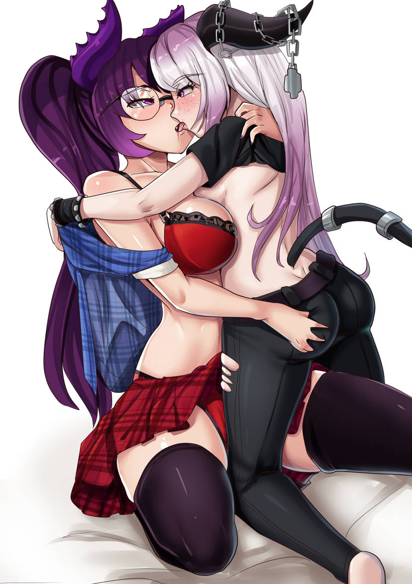 2girls ass black_pants black_shirt bra breasts demon_girl demon_horns demon_tail flannel flannel_shirt freckles french_kiss french_kissing glasses grabbing_ass horns kissing kissing large_breasts long_hair multicolored_hair nico-mo original painted_fingernails panties pants ponytail purple_eyes purple_hair red_bra red_panties red_skirt shirt shirt_lift shirt_removed skirt tail thighhighs white_hair yuri