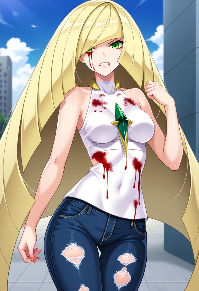 ai_generated blonde_hair blood blood_on_clothing blood_on_face civitai damaged_clothes green_eyes jeans long_hair lusamine_(pokemon) pokemon ripped_clothing ripped_clothing tank_top tanktop white_tank_top