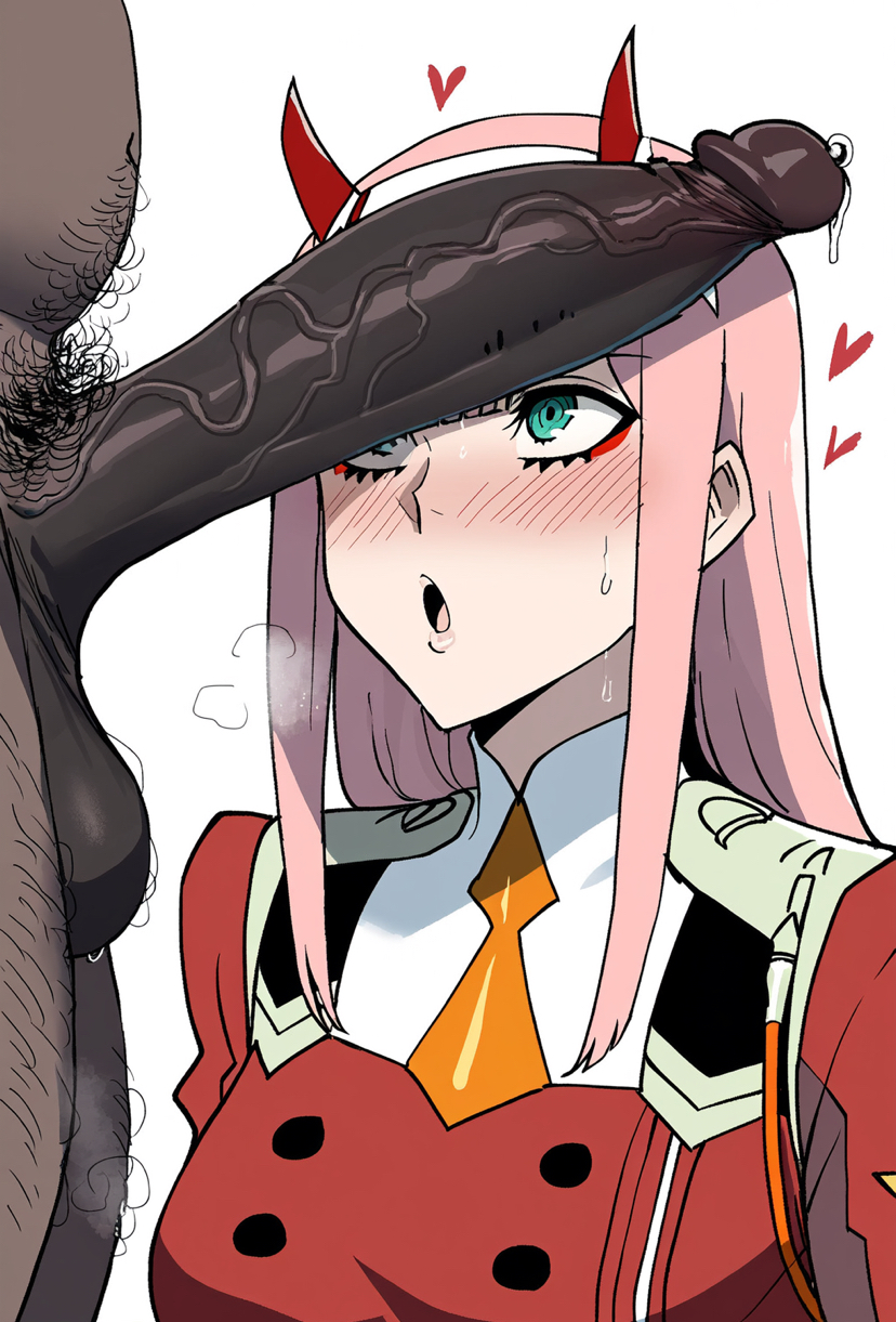 1boy 1girl ai_generated cheating cheating_girlfriend dark-skinned_male darling_in_the_franxx fat_man female green_eyes heart interracial large_penis netorare penis_awe pink_hair sagging_testicles surprised testicles waroffree white_background zero_two_(darling_in_the_franxx)