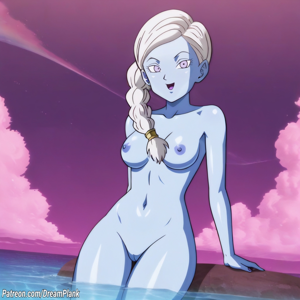 1girls ai_generated blue_skin breasts cus dragon_ball_super dreamplank female female_only looking_at_viewer naked navel outdoors purple_eyes pussy smile solo space water white_hair