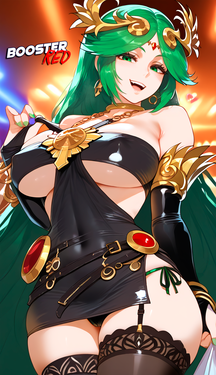 1girls adjusting_panties ai_generated bare_shoulder bodycon boosterred99 bridal_gauntlets cameltoe cleavage clothing_cutout covered_navel covered_nipples cutout dress female female_only green_eyes green_hair jewelry kid_icarus kid_icarus_uprising large_breasts latex_panties long_hair nintendo palutena palutena_(cosplay) post-timeskip ring seductive_smile shiny_clothes side-tie_panties side_locks sideboob skirt solo stockings tiara underboob wavy_hair