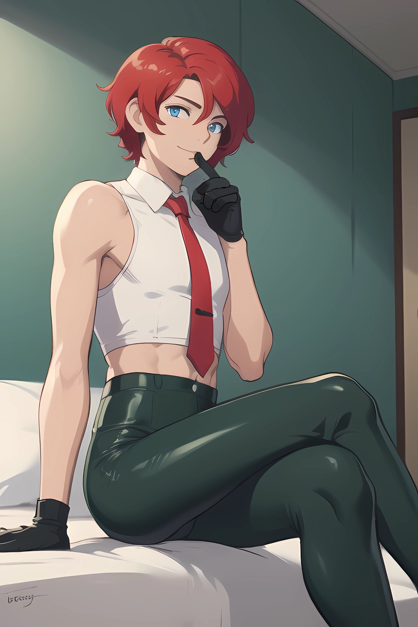 1boy ai_generated androgynous cosplay crossdressing crossplay femboy finger_in_mouth fringe gloves king_of_fighters leather_pants navel necktie red_hair short_hair sitting smile snk vanessa_(kof) white_shirt younger_male