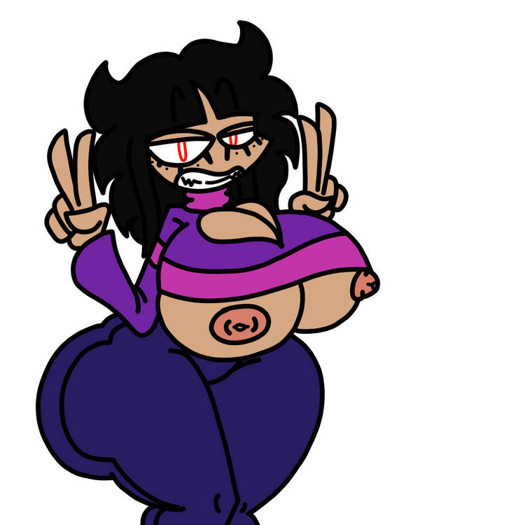 1girls actualbeef big_breasts big_hips black_hair breasts female female_only hips long_black_hair long_hair needlemouse_(series) nipples peace_sign red_sclera sarah_henderson_(needlemouse) shirt