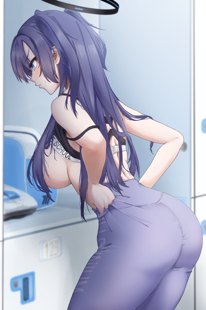 ass back bare_arms bare_shoulders big_breasts blue_archive blush breasts changing_room dressing hair_covering_breasts halo long_hair pants purple_eyes purple_hair purple_pants shirt_lift sideboob sports_bra sports_bra_lift sweatdrop thighs yoga_pants yoru0409 yuuka_(blue_archive)