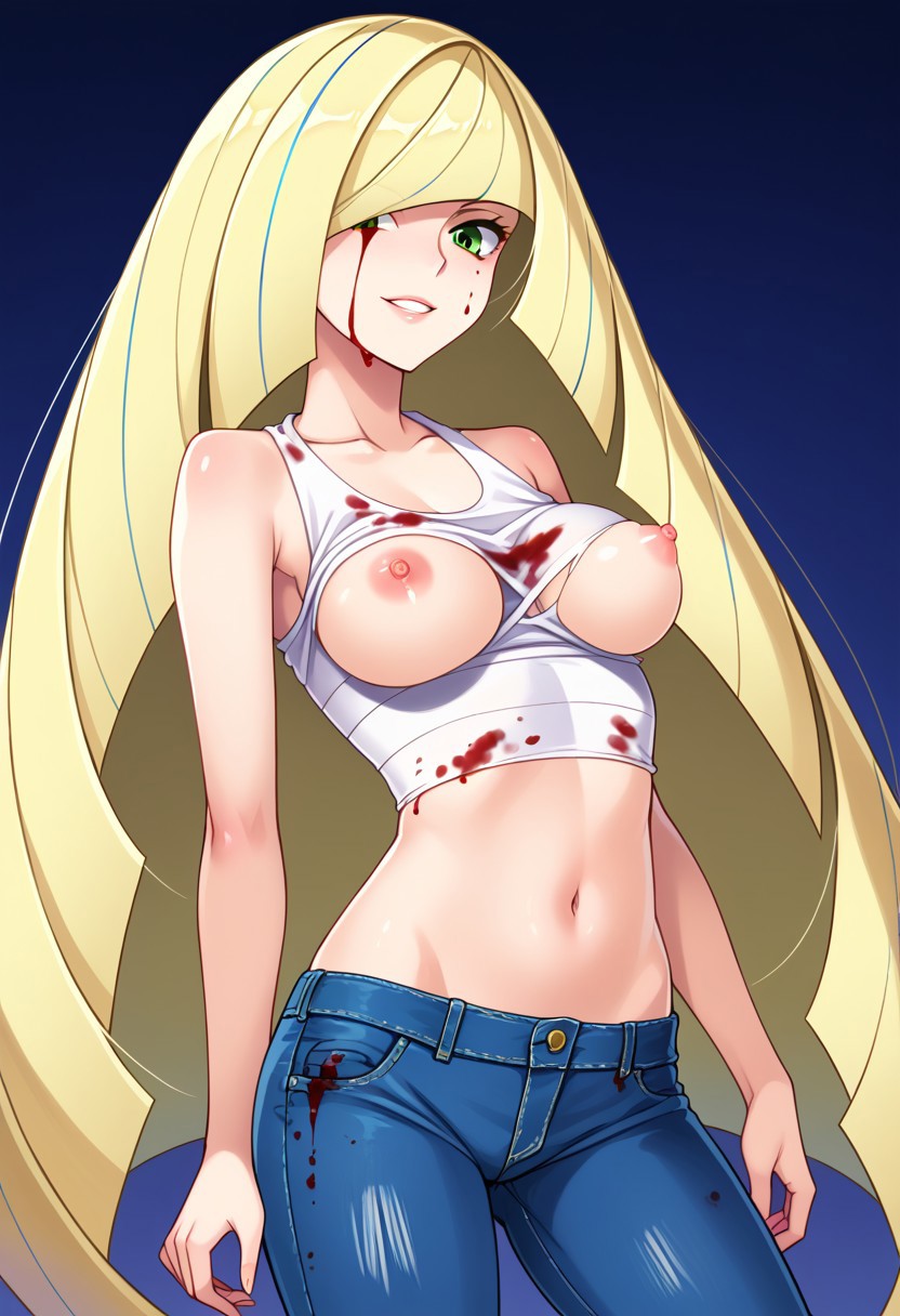 ai_generated blonde_hair blood blood_on_clothing blood_on_face civitai damaged_clothes green_eyes jeans long_hair lusamine_(pokemon) nipple_slip nipples pokemon ripped_clothing ripped_clothing tank_top tanktop white_tank_top