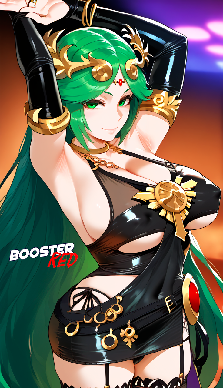 1girls adjusting_panties ai_generated arms_above_head bare_shoulder bodycon boosterred99 bridal_gauntlets cameltoe cleavage clothing_cutout covered_navel covered_nipples cutout dress female female_only green_eyes green_hair jewelry kid_icarus kid_icarus_uprising large_breasts latex_panties long_hair nintendo palutena palutena_(cosplay) post-timeskip ring seductive_smile shiny_clothes side-tie_panties side_locks sideboob skirt solo stockings tiara underboob wavy_hair