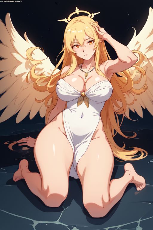 ai_generated almost_naked angel_wings aureola big_ass big_breasts blonde_hair blush damaris_selene divine necklace on_knees orange_eyes serious thick_thighs towel_only