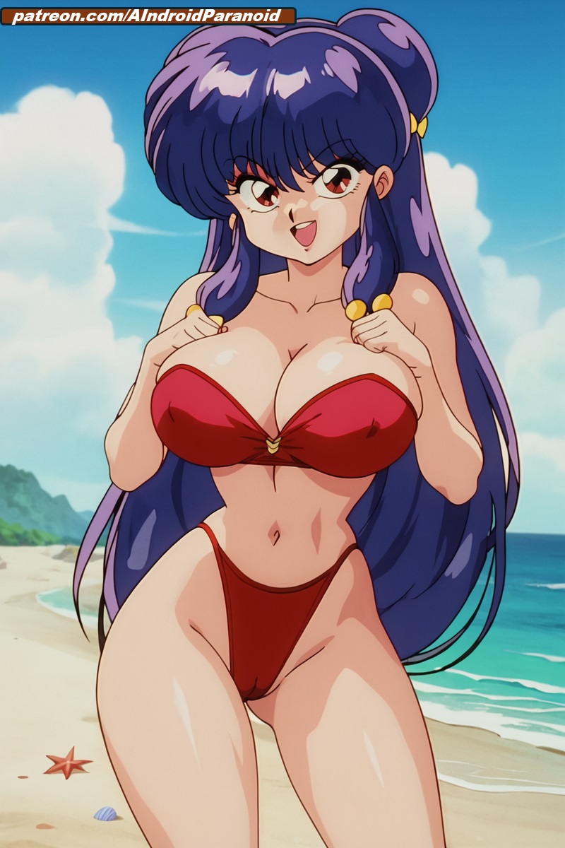 ai_generated aindroidparanoid beach big_breasts bikini blue_hair breasts buns cameltoe cleavage curvy curvy_figure hips large_breasts long_hair long_legs narrow_waist ocean outdoors outside pussy ranma_1/2 red_eyes sea seaside shampoo_(ranma_1/2) stable_diffusion swimsuit wide_hips