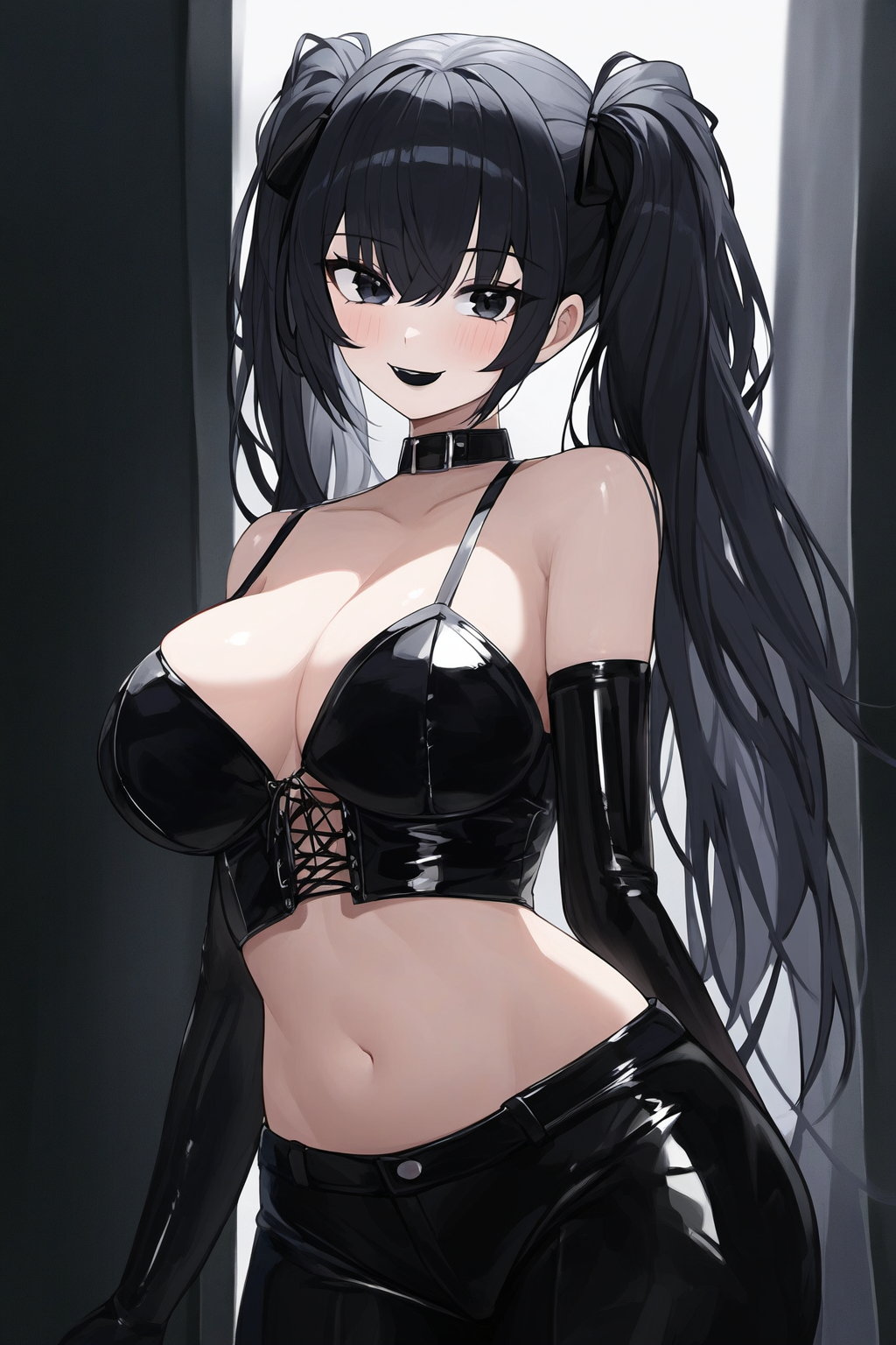 1girls ai_generated big_breasts black_hair black_latex_bustier black_latex_elbow_gloves black_latex_pants black_lipstick breasts bustier choker cleavage female female_only goth goth_girl latex latex_bustier latex_gloves latex_pants long_gloves looking_at_viewer navel novelai opera_gloves original original_character smile solo solo_female twintails wide_hips