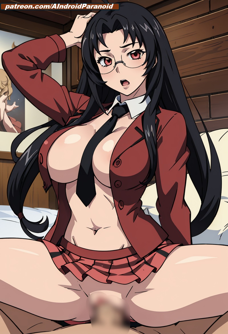 ai_generated aindroidparanoid bedroom black_hair blush censored cowgirl_position glasses huge_breasts ikkitousen indoors kaku_bunwa open_mouth red_eyes school_uniform schoolgirl skirt spread_legs stable_diffusion tits_out topless unbuttoned vaginal_penetration