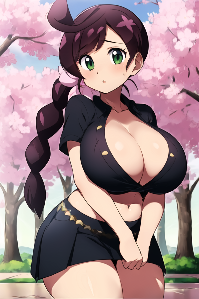 1girls ai_generated big_breasts breasts chloe_(pokemon) cleavage collarbone female female_focus female_only green_eyes nintendo pokemon pokemon_journeys purple_hair ryuzam solo thick_thighs thighs