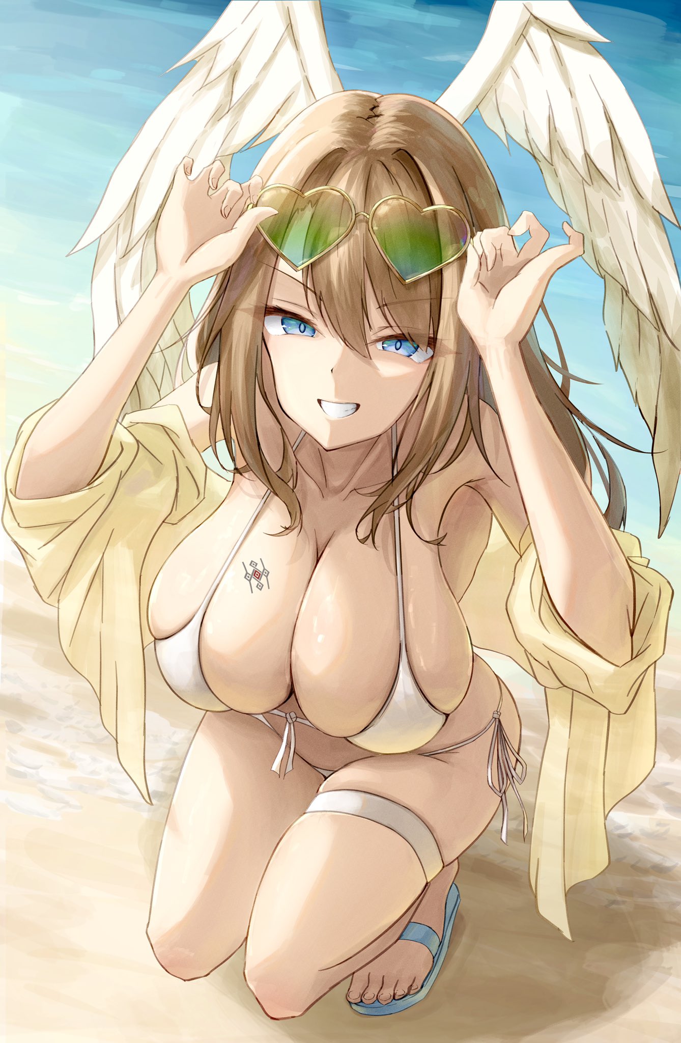 1girls angel_wings barefoot beach big_breasts bikini blue_eyes breasts brown_hair busty cleavage eunie_(xenoblade) feet female female_only grin highres large_breasts legs looking_at_viewer ocean sensual short_hair smile solo squatting swimsuit thighs thong_bikini voluptuous water white_bikini wings xenoblade_(series) xenoblade_chronicles_3