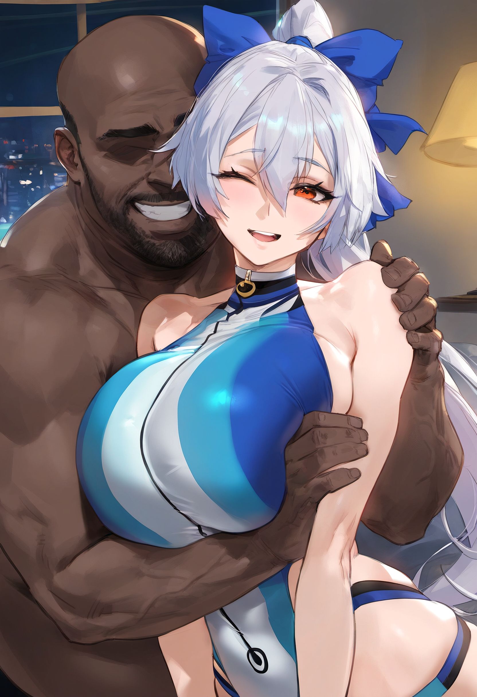 ai generated, asian female, bedroom, big breasts, bikini, breasts, dark skin, dark-skinned male, fate (series), fate/grand order, female, male, mikayori, tomoe gozen (fate)