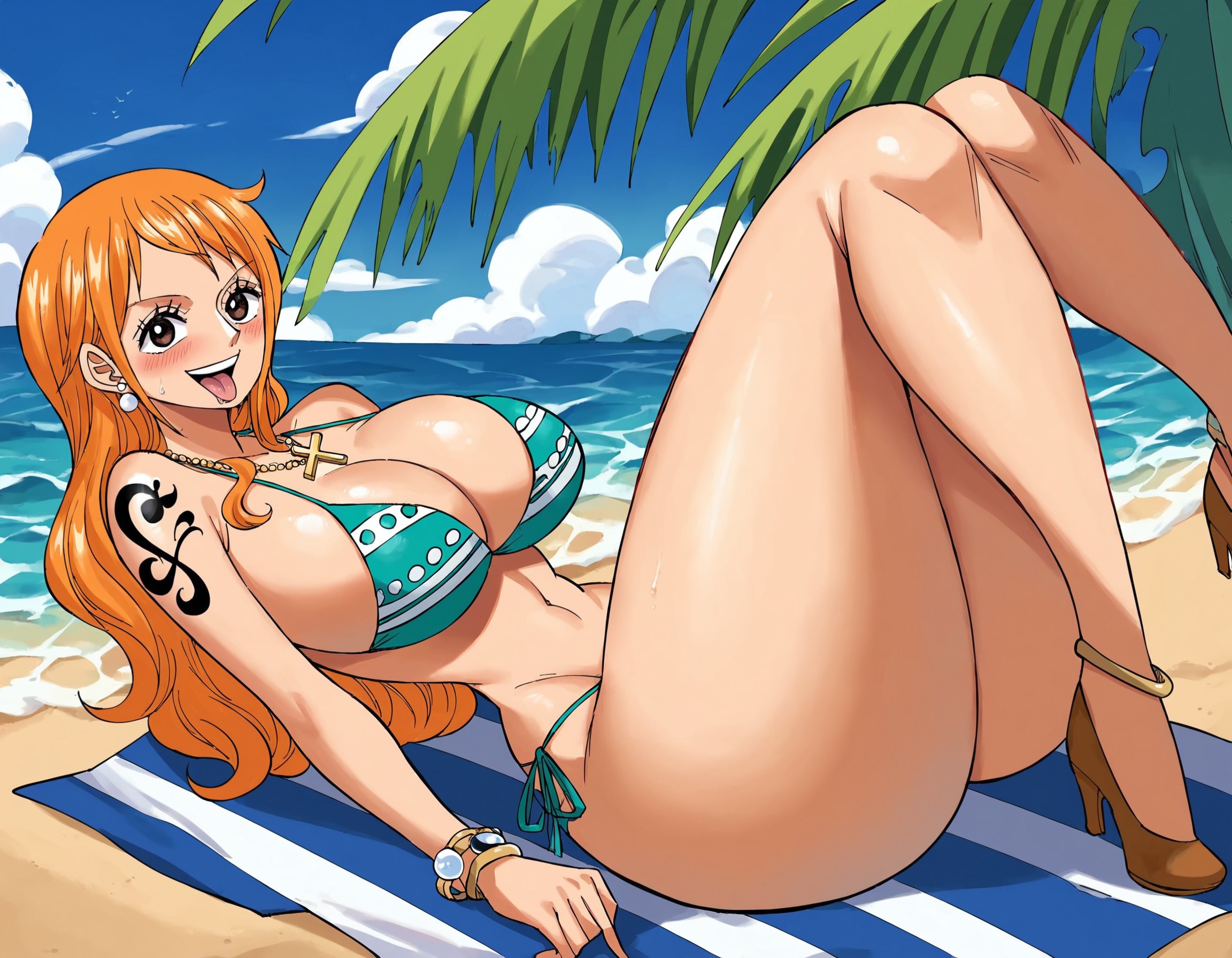 1girls, ai generated, arm tattoo, artist request, beach, bikini, black tattoo, cross necklace, female, female only, nami (one piece), one piece, orange hair, orange-haired female, post-timeskip, randomran, solo, solo female, solo focus, tattoo