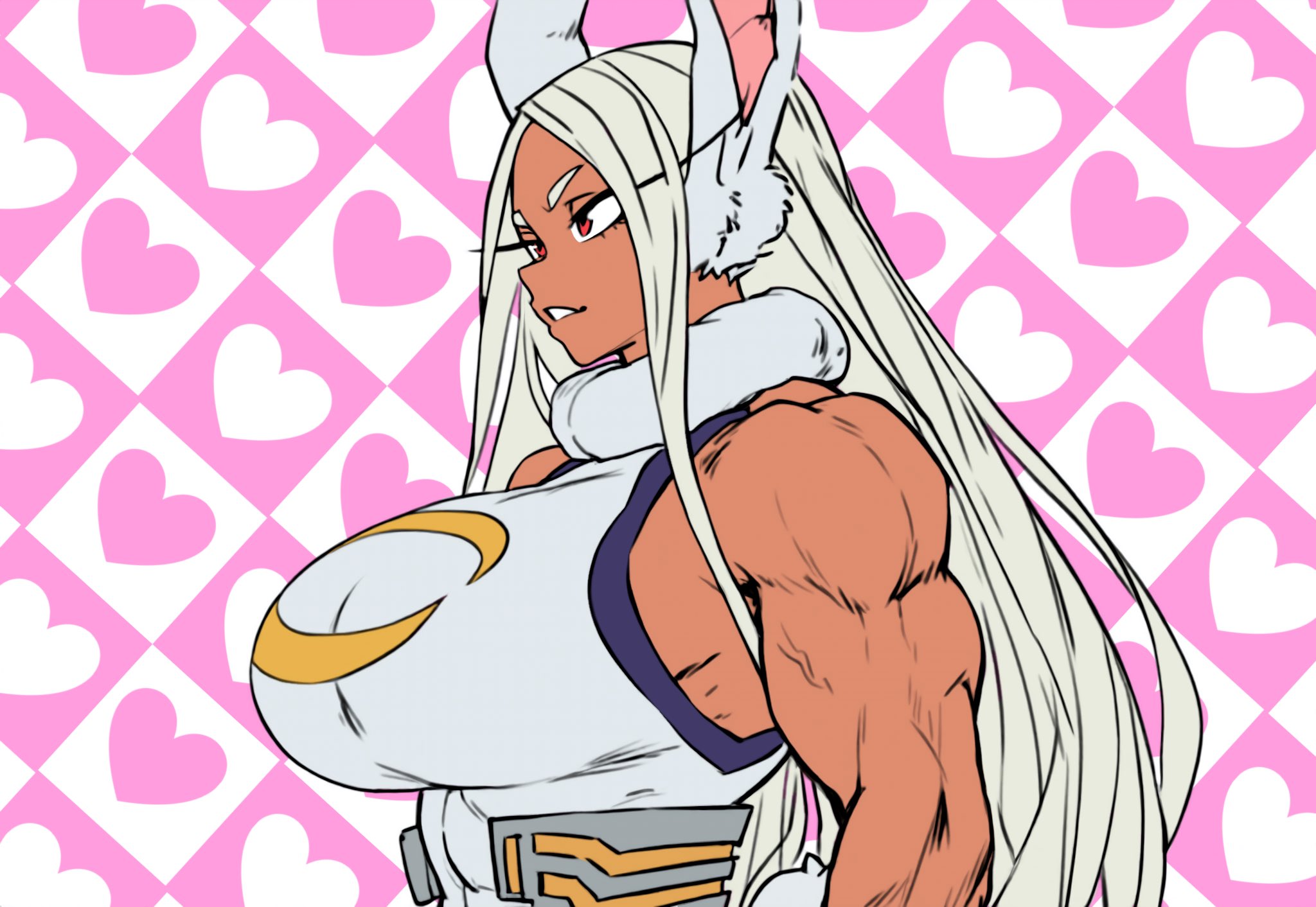 1girls, animal ears, bare shoulders, big breasts, breasts, bunny ears, checkered background, clothing, dark skin, dark-skinned female, eyelashes, female, female focus, female only, fish! (parallaxfused), fur collar, grey hair, heart, highres, huge breasts, human, large breasts, leotard, long hair, looking forward, miruko, muscular, muscular female, my hero academia, parallaxfused, parted lips, pinup, red eyes, rumi usagiyama, sfw, side view, sideboob, simple background, sleeveless, solo, solo female, teeth, turtleneck, vein, wallpaper