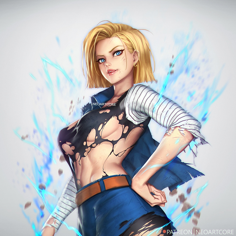 android 18, blonde hair, blue eyes, breasts, cleavage, dragon ball, dragon ball z, female, female only, looking at viewer, neoartcore, solo, torn clothes