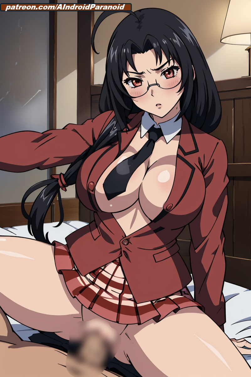 ai_generated aindroidparanoid bedroom black_hair blush censored cowgirl_position glasses huge_breasts ikkitousen indoors kaku_bunwa open_mouth red_eyes school_uniform schoolgirl skirt spread_legs stable_diffusion tits_out topless unbuttoned vaginal_penetration