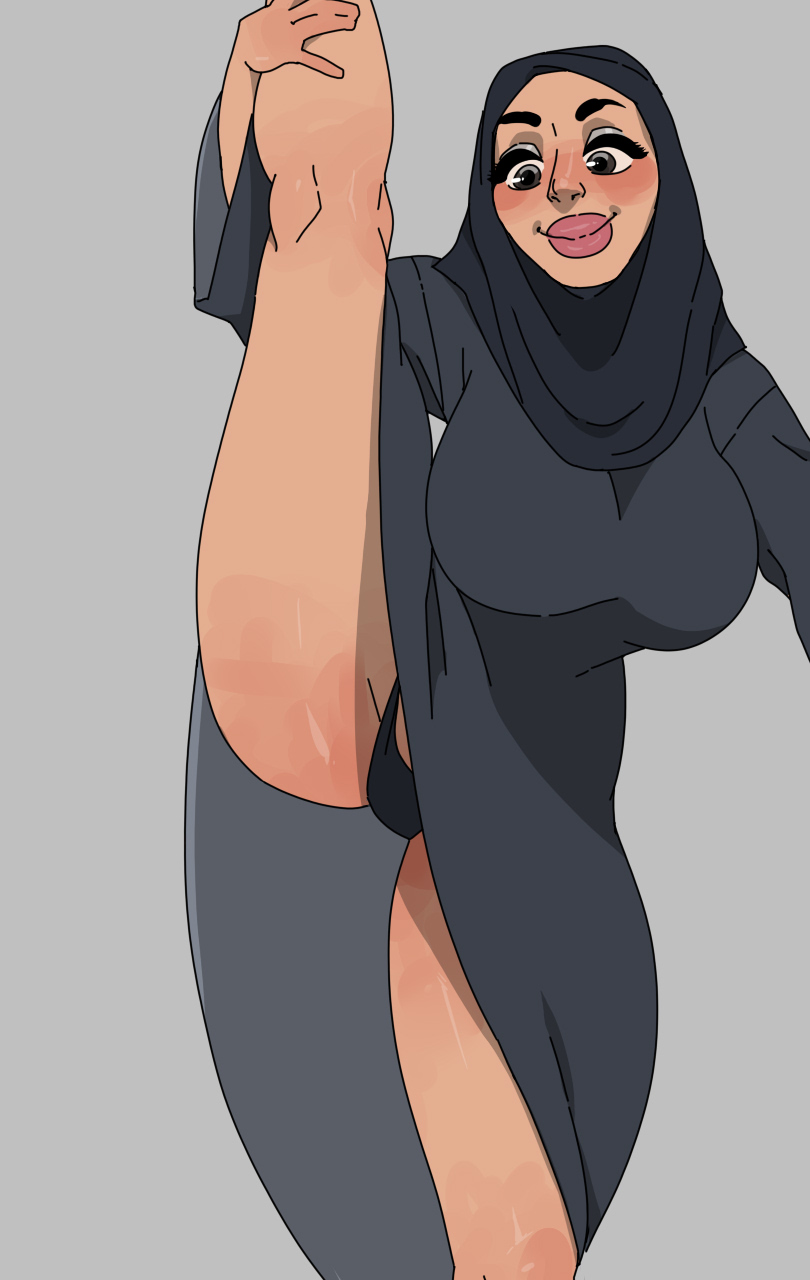 abaya big_breasts full_lips grey_eyes hijab leg_split leg_up panties rosy_cheeks yelftea