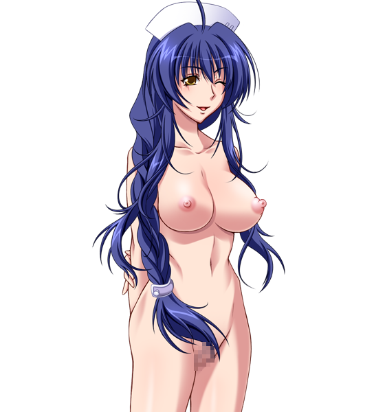 black_rainbow blue_hair breasts censored female game_cg large_breasts long_hair naruse_ai navel nipples nude nurse nurse_hat simple_background smile solo soukan_yuugi_2 standing wink yellow_eyes yoshino_keiko