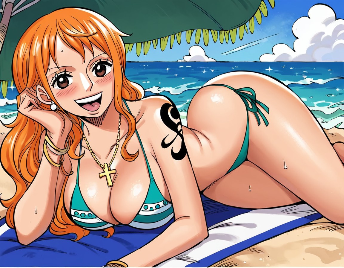 1girls, ai generated, arm tattoo, artist request, beach, bikini, black tattoo, cross necklace, female, female only, nami (one piece), one piece, orange hair, orange-haired female, post-timeskip, randomran, solo, solo female, solo focus, tattoo