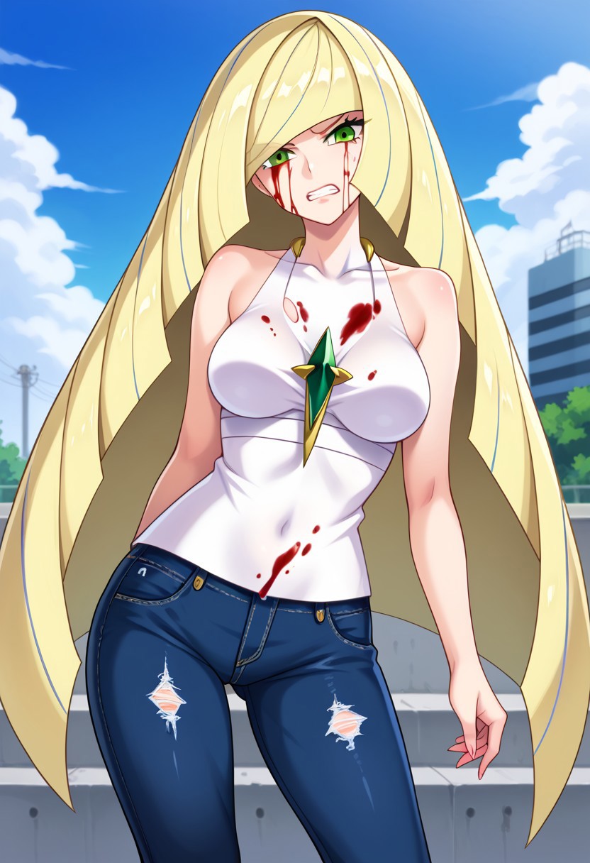 ai_generated blonde_hair blood blood_on_clothing blood_on_face civitai damaged_clothes green_eyes jeans long_hair lusamine_(pokemon) pokemon ripped_clothing ripped_clothing tank_top tanktop white_tank_top