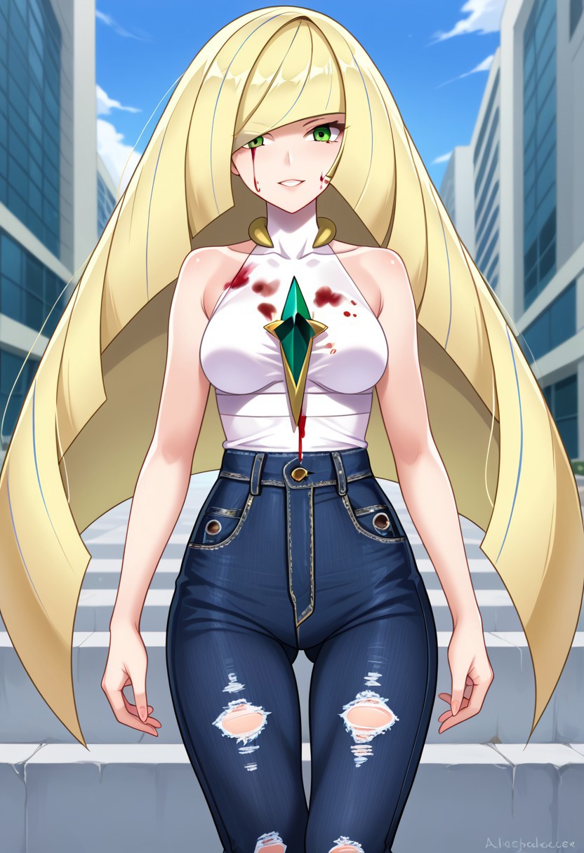 ai_generated blonde_hair blood blood_on_clothing blood_on_face civitai damaged_clothes green_eyes jeans long_hair lusamine_(pokemon) pokemon ripped_clothing ripped_clothing tank_top tanktop white_tank_top