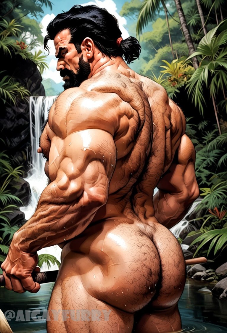 1boy abs ai_generated aigayfurry arm_hair ass ass_focus back back_hair back_muscles bara beard big_ass big_muscles big_nipples big_pecs black_hair chest_hair daddy dilf gay hair hairy hairy_ass hairy_chest hairy_male happy_trail huge_muscles human hunk kraven_the_hunter leg_hair long_hair male male_only marvel marvel_comics muscular muscular_human muscular_male nipples nude pecs penis pubic_hair signature solo spider-man_(series) water wet