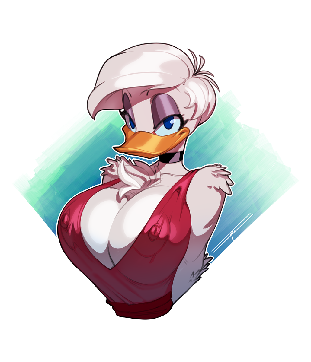 1girls 2018 2018s anatid anseriform anthro avian beak big_breasts bird blue_eyes breasts chest_tuft choker cleavage clothed clothing daisy_duck digital_media_(artwork) disney duck eyelashes eyeshadow feathers female female_focus female_only glistening_eyelids hair half-closed_eyes hi_res jewelry lidded_eyes looking_at_viewer narrowed_eyes necklace nipple_outline non-mammal_breasts quack_pack red_clothing red_shirt red_topwear shirt simple_background smile solo taboolicious tuft white_background white_body white_feathers white_hair white_hair_female