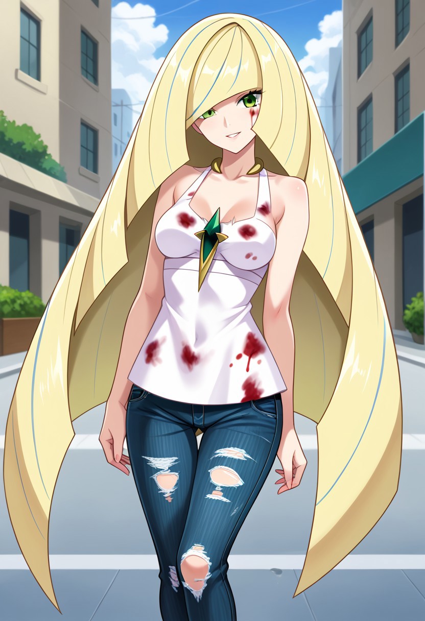 ai_generated blonde_hair blood blood_on_clothing blood_on_face civitai damaged_clothes green_eyes jeans long_hair lusamine_(pokemon) pokemon ripped_clothing ripped_clothing tank_top tanktop white_tank_top