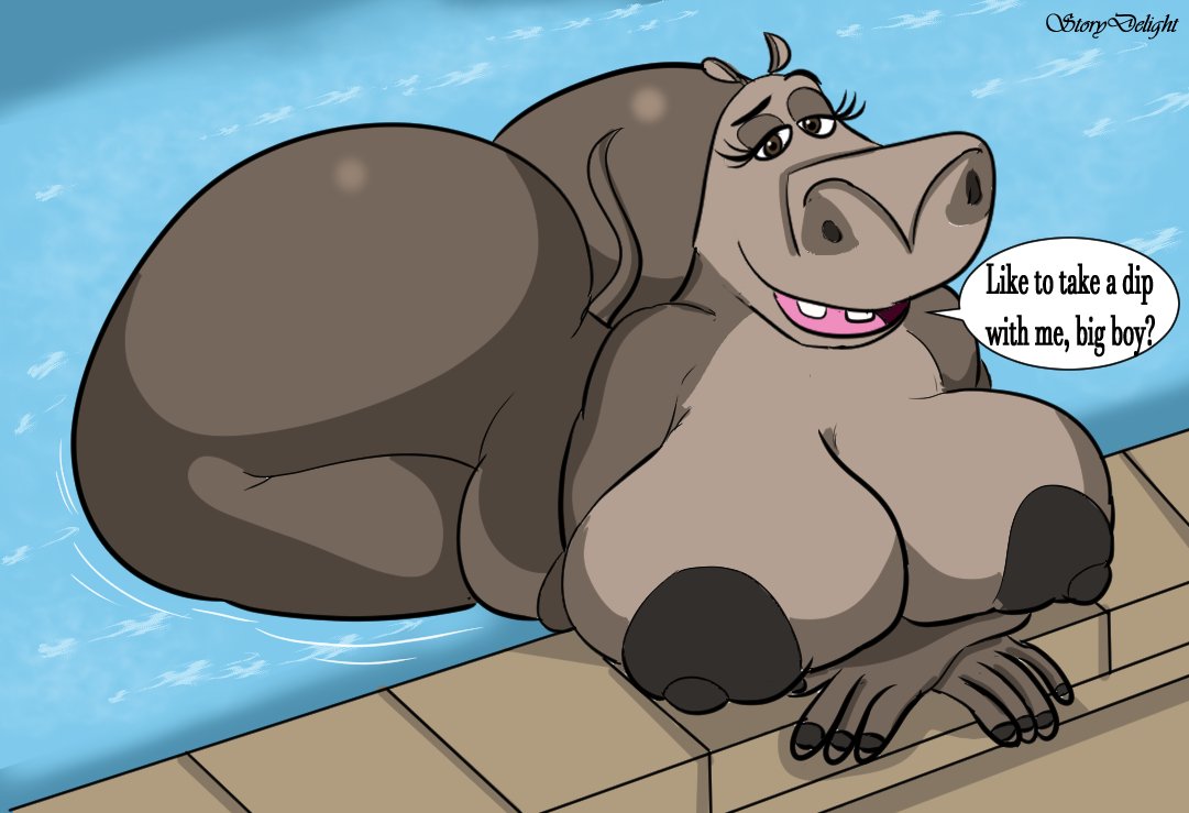 2024 anthro ass big_breasts big_butt big_nipples breasts common_hippopotamus crossed_arms digital_drawing_(artwork) digital_media_(artwork) dreamworks english_text female gloria_the_hippopotamus grey_body hippopotamid huge_breasts huge_butt hyper hyper_butt looking_at_viewer madagascar_(series) mammal nipples nude overweight overweight_female partially_submerged pool poolside signature smile smiling_at_viewer solo speech_bubble story_delight text thick_thighs water wide_hips