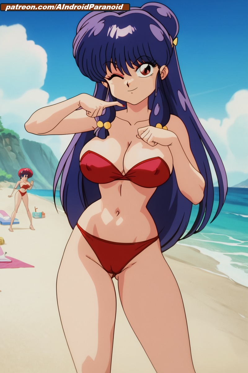 ai_generated aindroidparanoid beach big_breasts bikini blue_hair breasts buns cameltoe cleavage curvy curvy_figure hips large_breasts long_hair long_legs narrow_waist ocean outdoors outside pussy ranma_1/2 red_eyes sea seaside shampoo_(ranma_1/2) stable_diffusion swimsuit wide_hips