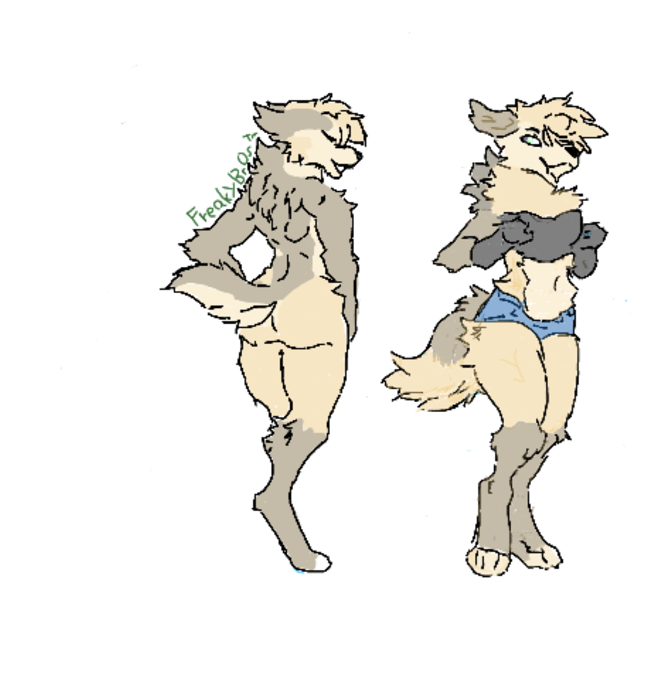 animal artist_freakybrostm ass background body_fur breasts ear eyes female full_body furry furry_female green multiple_views navel shorts simple standing tail white