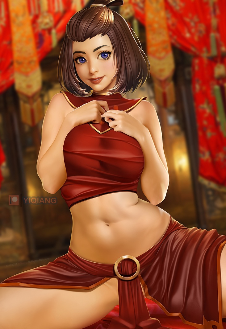 1girls alternate_costume avatar_legends avatar_the_last_airbender bare_arms blue_eyes brunette earth_kingdom female female_only fire_nation fire_nation_clothing happy looking_at_viewer nonbender smile solo stomach suki tummy yiqiang