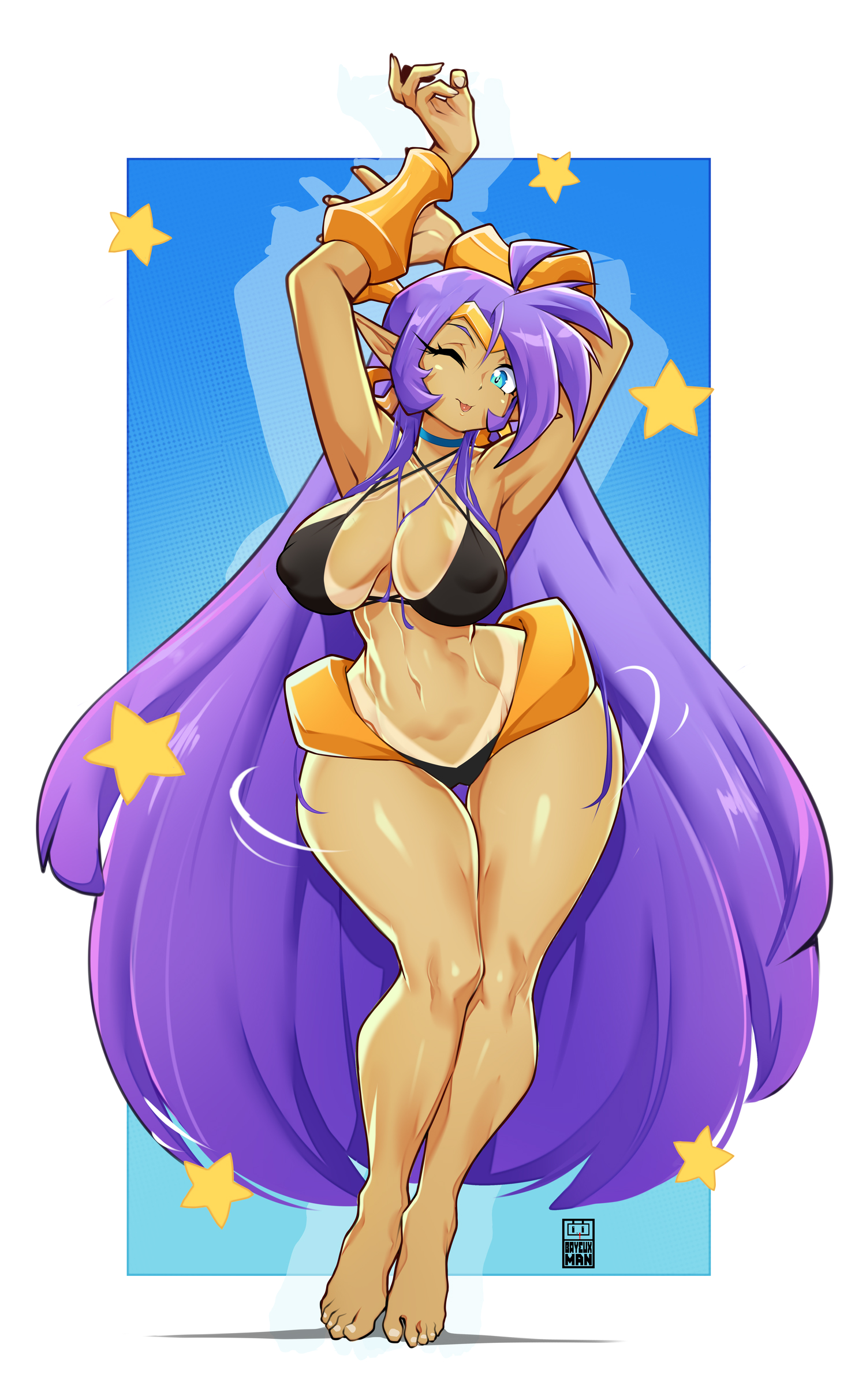 1girls, ass, bayeuxman, big ass, big breasts, bra, breasts, butt pose, dark skin, dark-skinned female, earrings, female, female only, grool, lingerie, lingerie only, ponytail, posing for the viewer, shantae, shantae (character), solo, tanline, tease, thong, underwear, wedgie