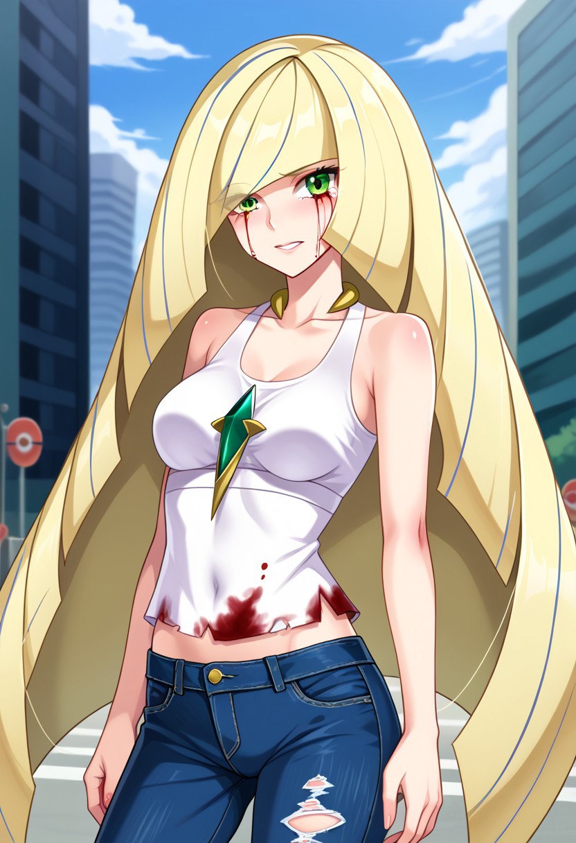 ai_generated blonde_hair blood blood_on_clothing blood_on_face civitai damaged_clothes green_eyes jeans long_hair lusamine_(pokemon) pokemon ripped_clothing ripped_clothing tank_top tanktop white_tank_top