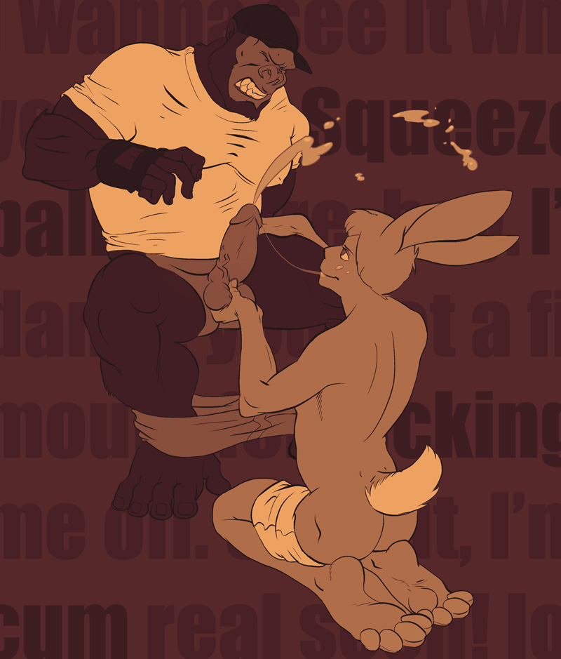 anthro ape balls brass_(artist) clothes cum cum_on_face cumshot fur furry gay gorilla grope hat lagomorph male muscles orgasm penis rabbit saliva_string shirt shorts