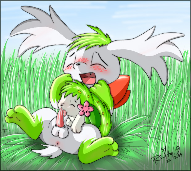 1boy 2009 ambiguous_gender anus blush cum dated feral furry grass hindpaw land_form larger_male licking nintendo paws penis pokemon pokemon_(species) pokemon_dppt route9 shaymin shaymin_(sky_form) size_difference source_request teeth text tongue video_games watermark