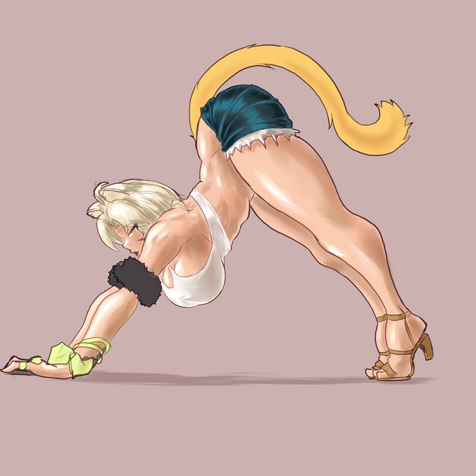 1girls blonde_hair cat_ears cat_girl cat_stretch cat_tail catgirl female female_only genshin_impact hanging_breasts leopard_ears leopard_print looking_at_viewer midriff muscular_female ndahbear nekomimi shorts simple_background simple_shading stretching tank_top tanned tanned_female tanned_skin thick_thighs xilonen_(genshin_impact) yoruichi_pose