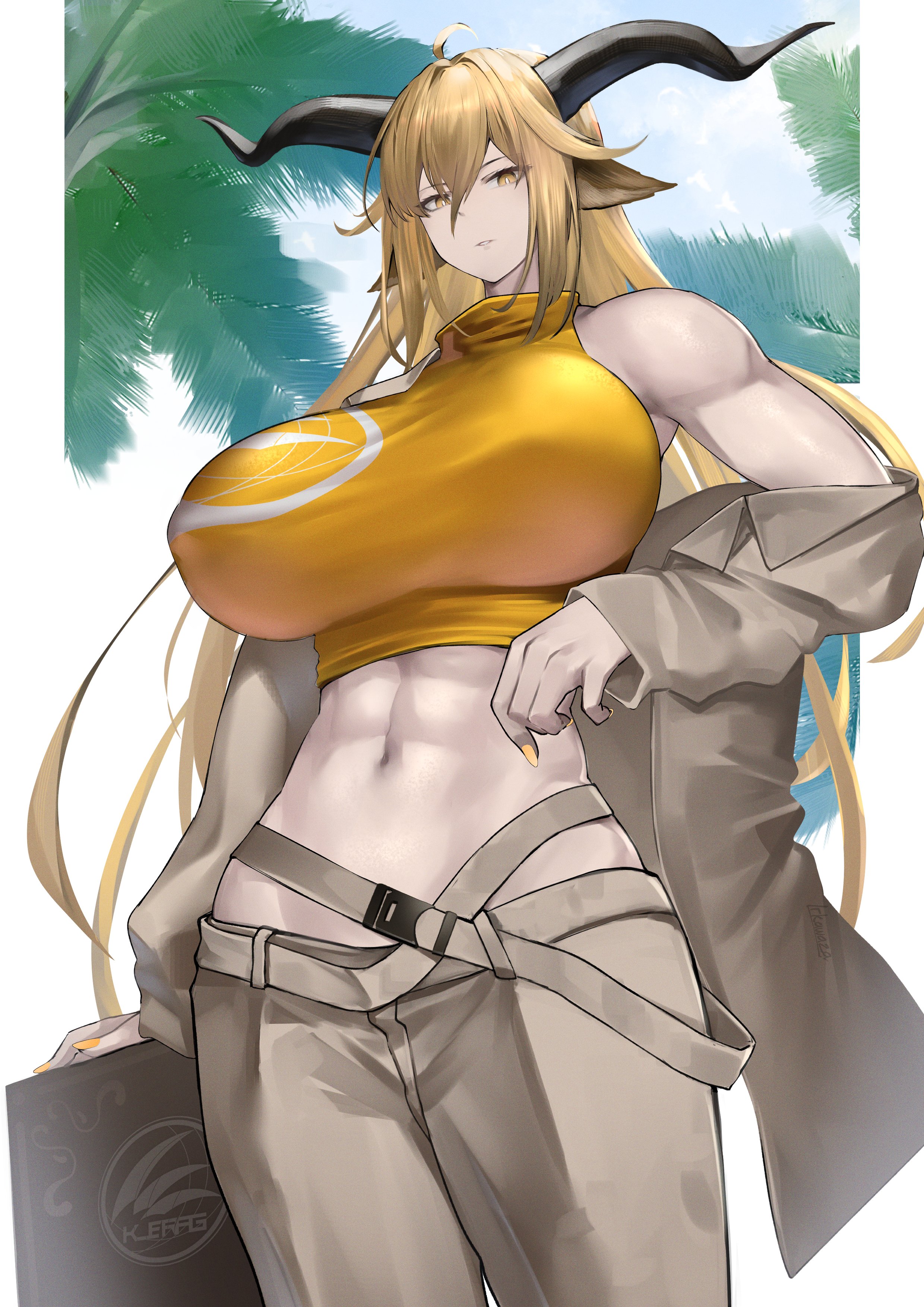 1girls, abs, arknights, big breasts, blonde hair, breasts, degenbrecher (arknights), female, fit female, horns, huge breasts, irkawaza, large breasts, looking at viewer, midriff, tagme